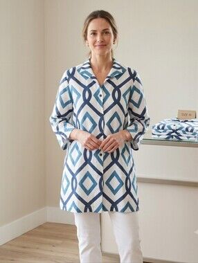 Connie Roberson abstract White/ Blue  100 % linen 3/4 Sleeve Tunic NWT